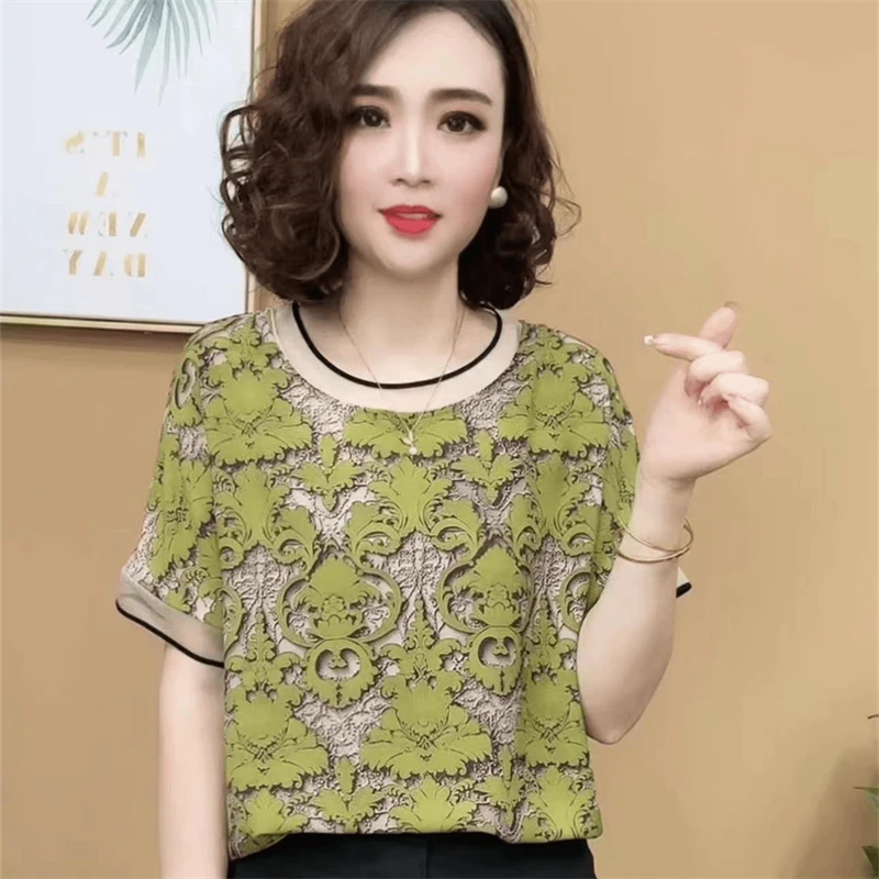 2024夏季新品时尚洋气百搭圆领印花短袖T恤女士减龄上衣