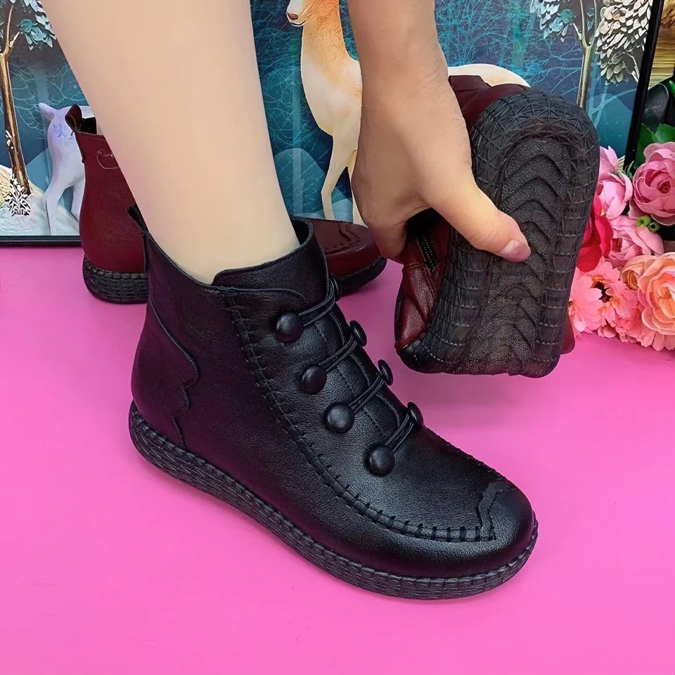 【加绒】秋冬新款平底八颗扣棉内拉链软底软面舒适中老年百搭女鞋