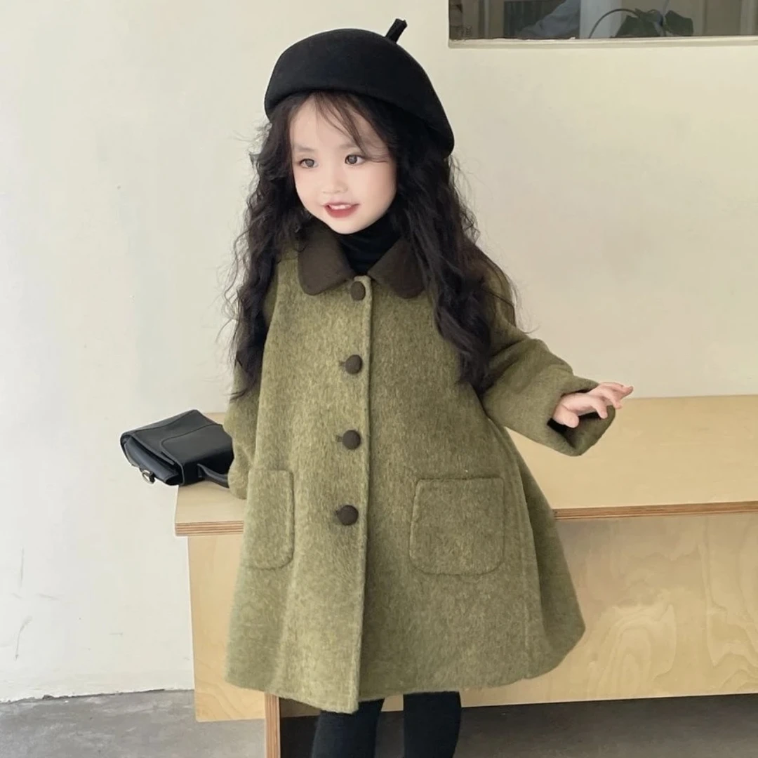 韩国童装女童秋冬新款夹棉翻领呢蝴蝶结大衣宝宝中长款毛呢外套潮