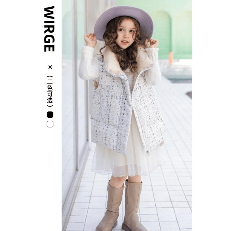 韦氏女童儿童羽绒服马甲背心女孩保暖洋气时尚千鸟格小香风韩版