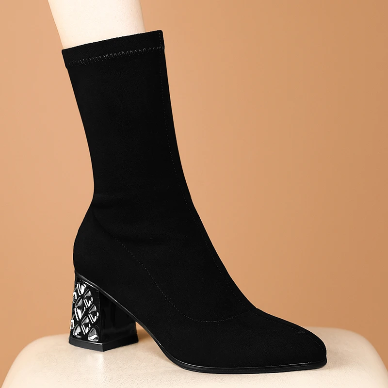 时尚气质ins显瘦弹力靴圆头瘦瘦靴2024新款秋冬季粗高跟中筒靴女