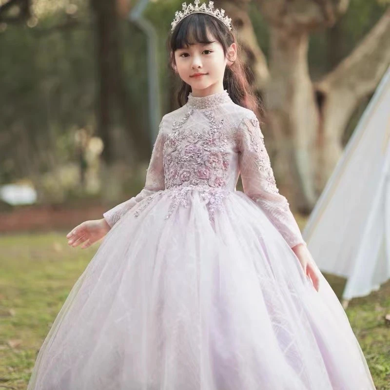 温莎公爵 高定重工儿童生日晚礼服主持钢琴演奏长袖粉色公主裙秋