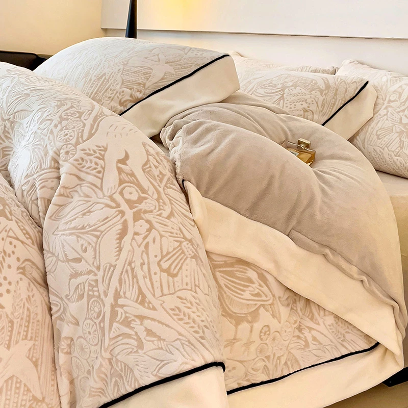 冬季加厚保暖牛奶绒提花四件套少女心法兰绒床单三件套珊瑚绒被罩