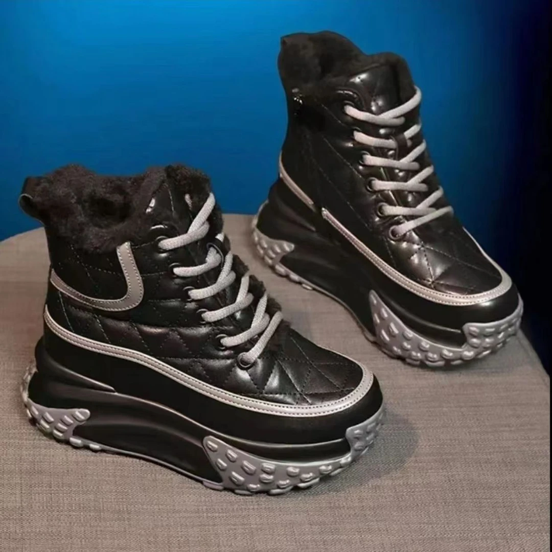 秋冬季回力休闲大棉鞋女2023冬季新款厚底内增高雪地靴百搭皮面加