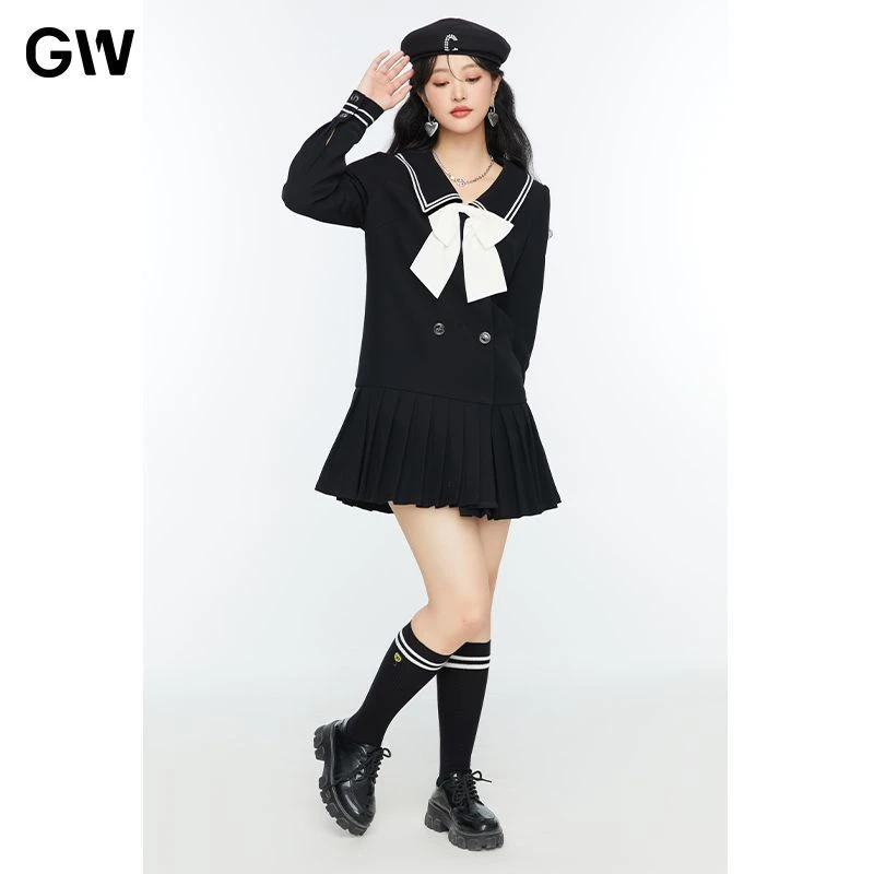 GW大码女装早春新款长袖拼接色海军领连衣长裙高腰通勤裙2L5010