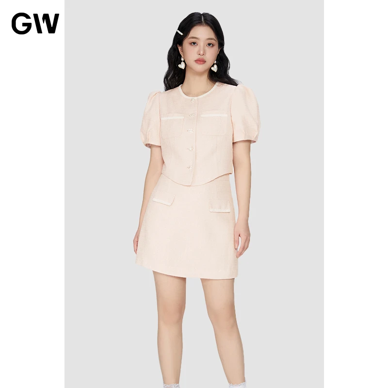 GW大码女装粉色洋气小香风套装2023夏季新款微胖mm收腰显瘦3D5151