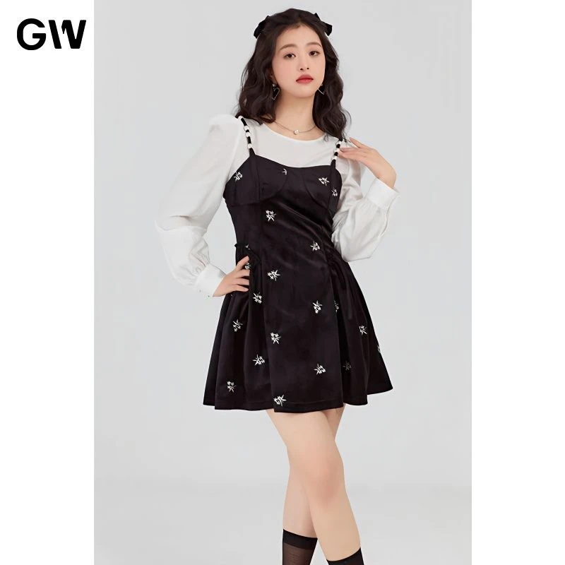 GW大码女装金丝绒吊带裙套装2023秋季新款胖mm显瘦两件套3D5011