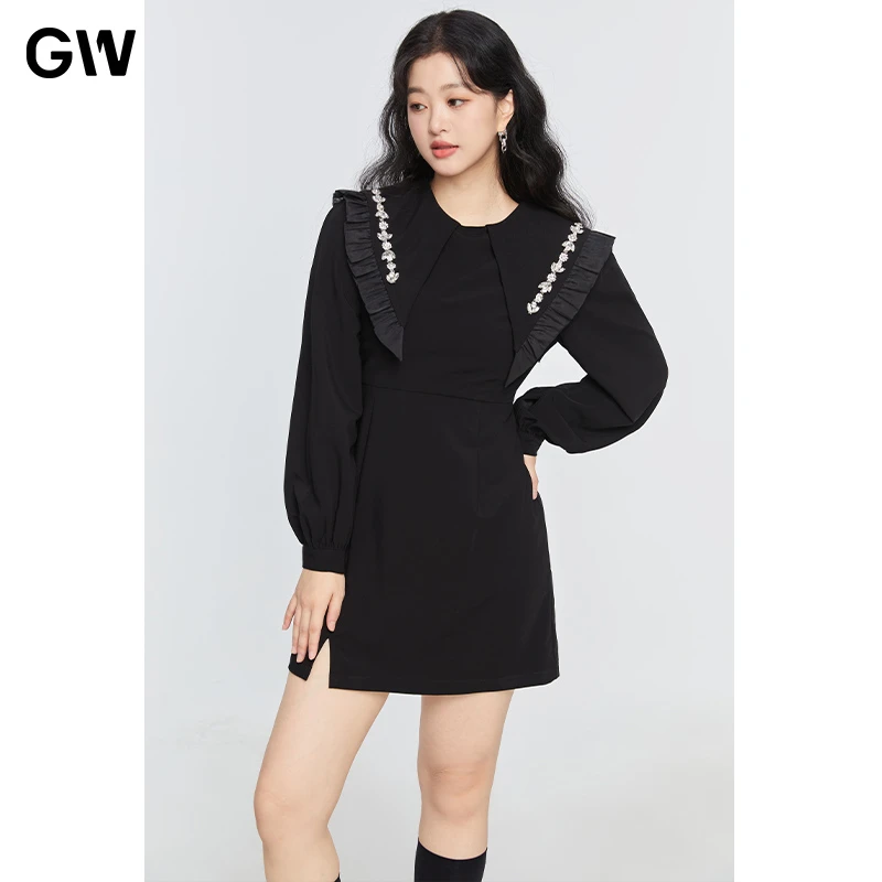 GW大码赫本风娃娃领连衣裙2023新款长袖微胖mm小黑裙子女2L5027