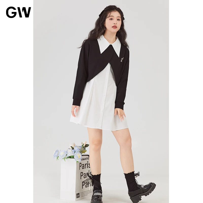 GW大码女装衬衫连衣裙套装2023秋季现款微胖mm百搭两件套3D5002