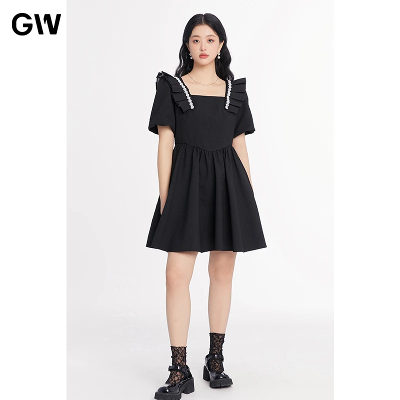 GW大码女装方领连衣裙2023夏季新款长袖微胖mm显瘦遮肉裙子3L5145