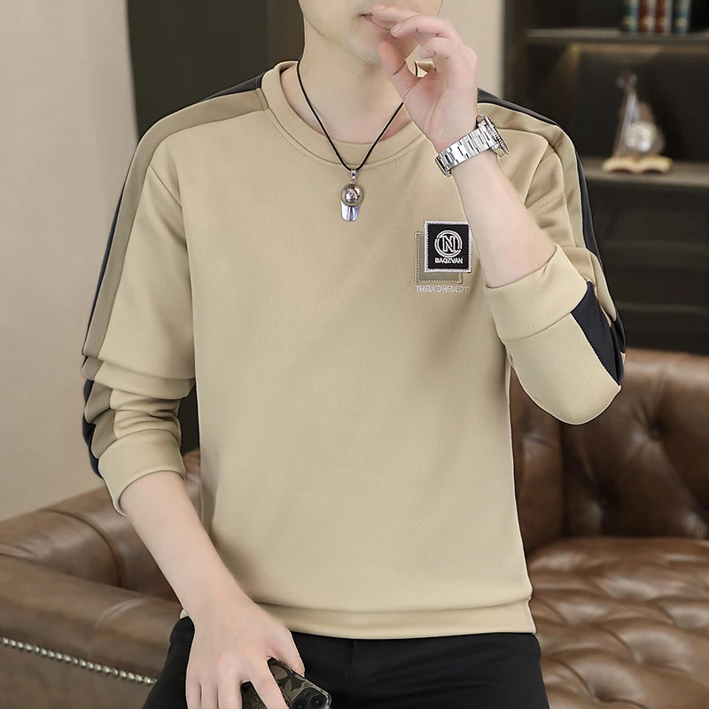 2024秋季上衣时尚潮流卫衣绣标休闲韩版拼接长袖t恤打底衫男装707