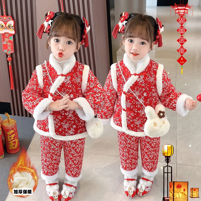 女童冬季年服套装加绒加厚碎花国风盘扣三件套