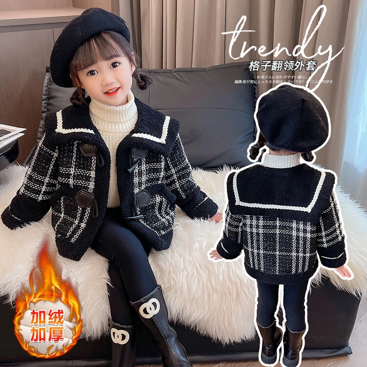 女童冬季牛角扣加绒加厚洋气大衣外套