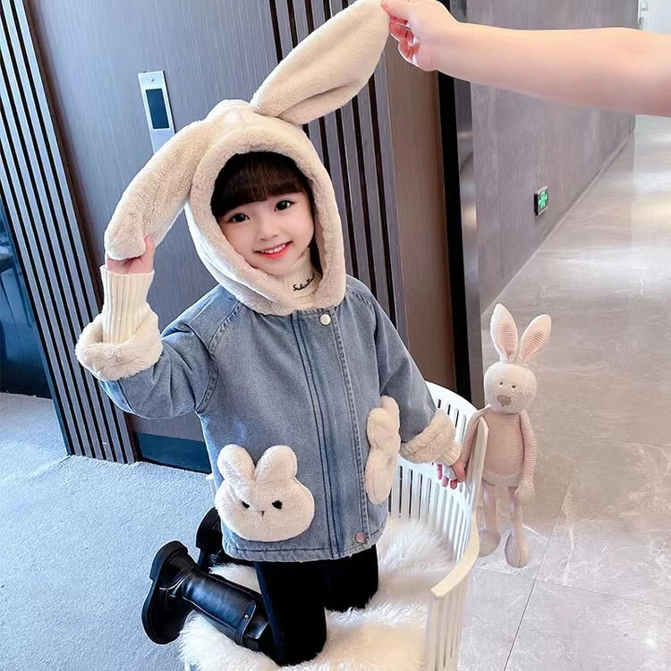 儿童冬季小兔子耳朵加绒牛仔外套