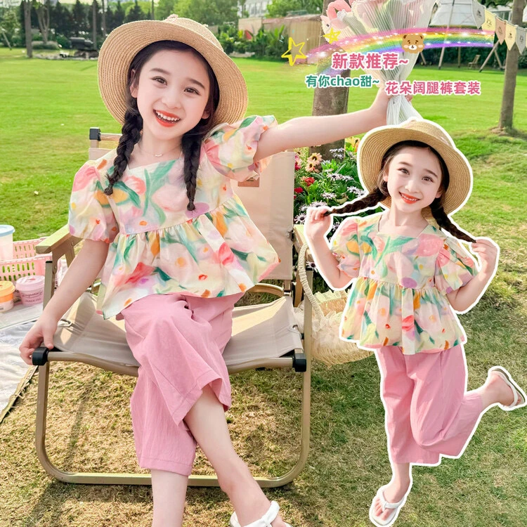 女童夏季新款套装甜美时尚泡泡袖花朵阔腿裤两件套