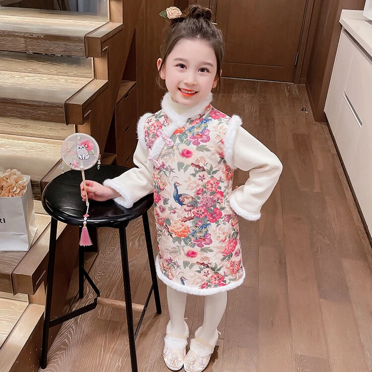 女童冬季新款拜年服加绒加厚国风气质花朵盘扣旗袍裙