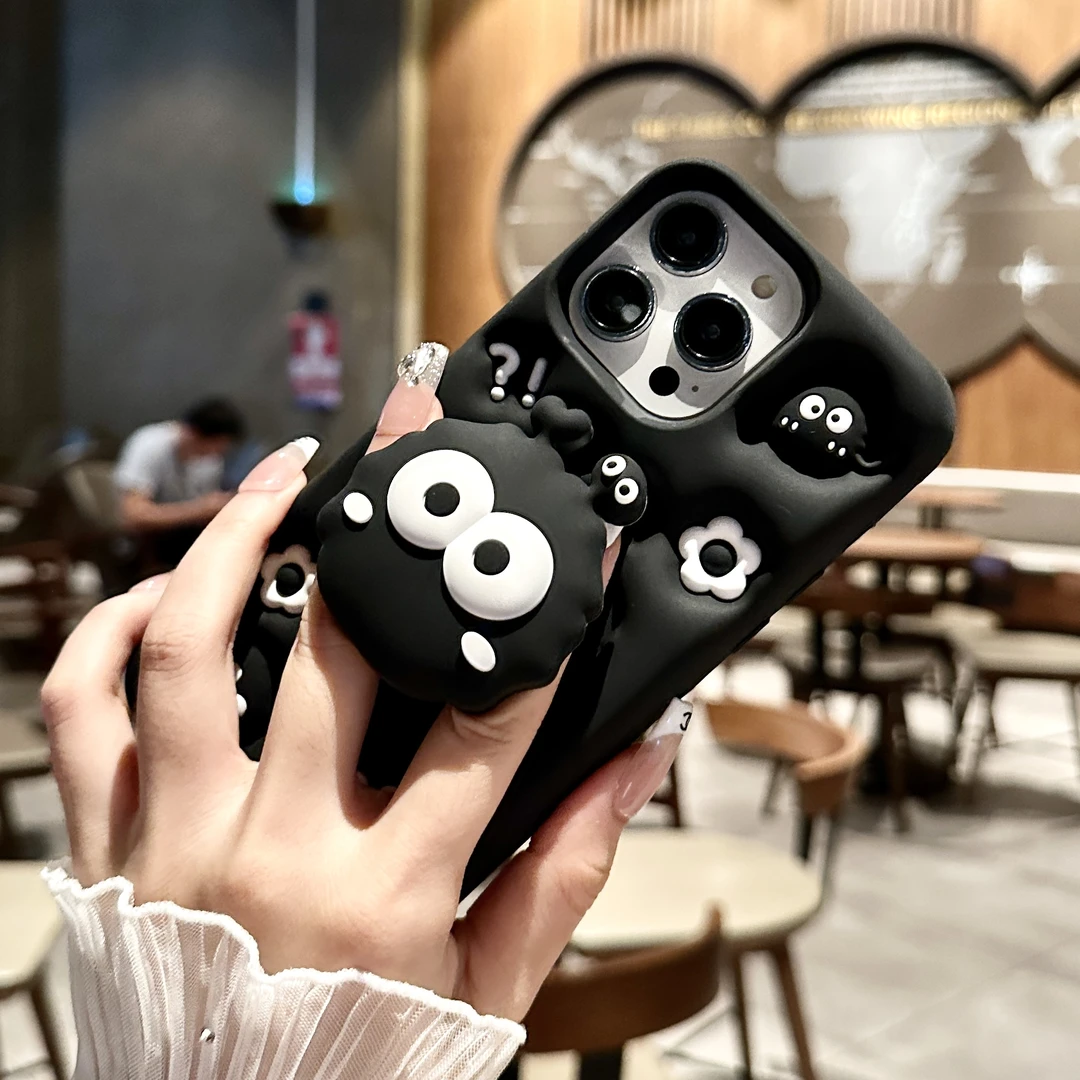 黑炭煤球带支架苹果15promax手机壳华为mate60硅胶OPPO软VIVO