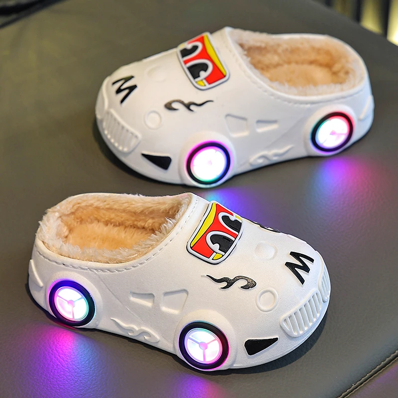 儿童棉鞋新款秋冬季男女童汽车发光防滑软底室内外加绒保暖棉拖鞋