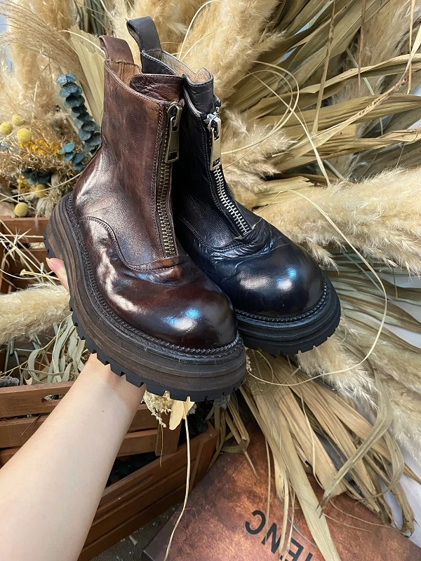 小陈手工女鞋（34-40码）/5cm欧版定制真皮手工做旧马皮前拉链靴子