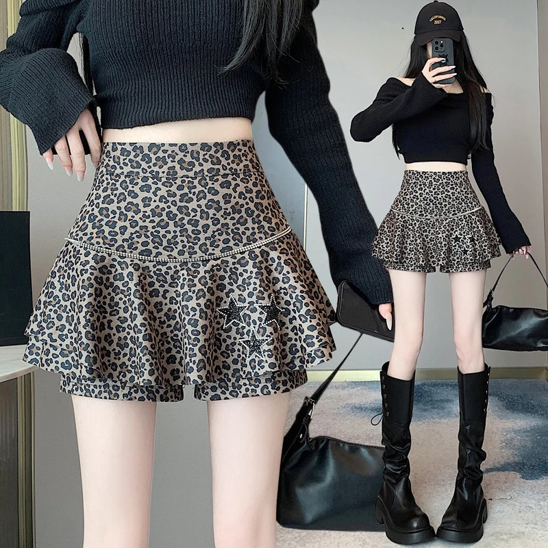 时尚镶钻豹纹蛋糕裙短裙女秋冬新款高腰显瘦辣妹a字蓬蓬半身裙裤