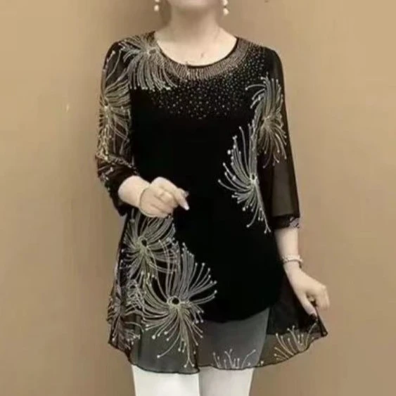 2023夏季新款211#圆领烫钻中长款洋气遮肉大码上衣