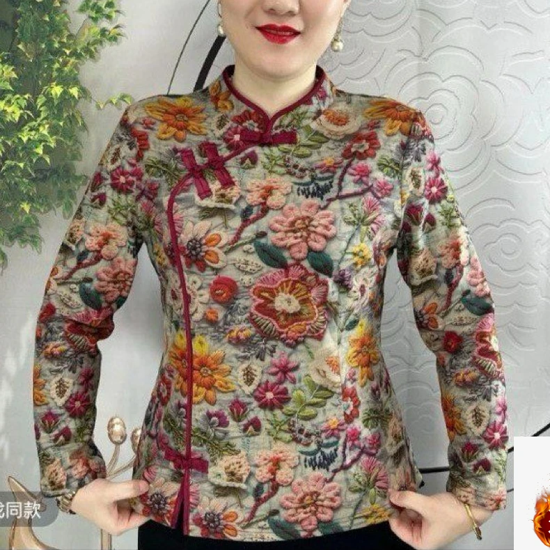 新款妈妈装国风新中式加绒加厚保暖盘扣气质小衫