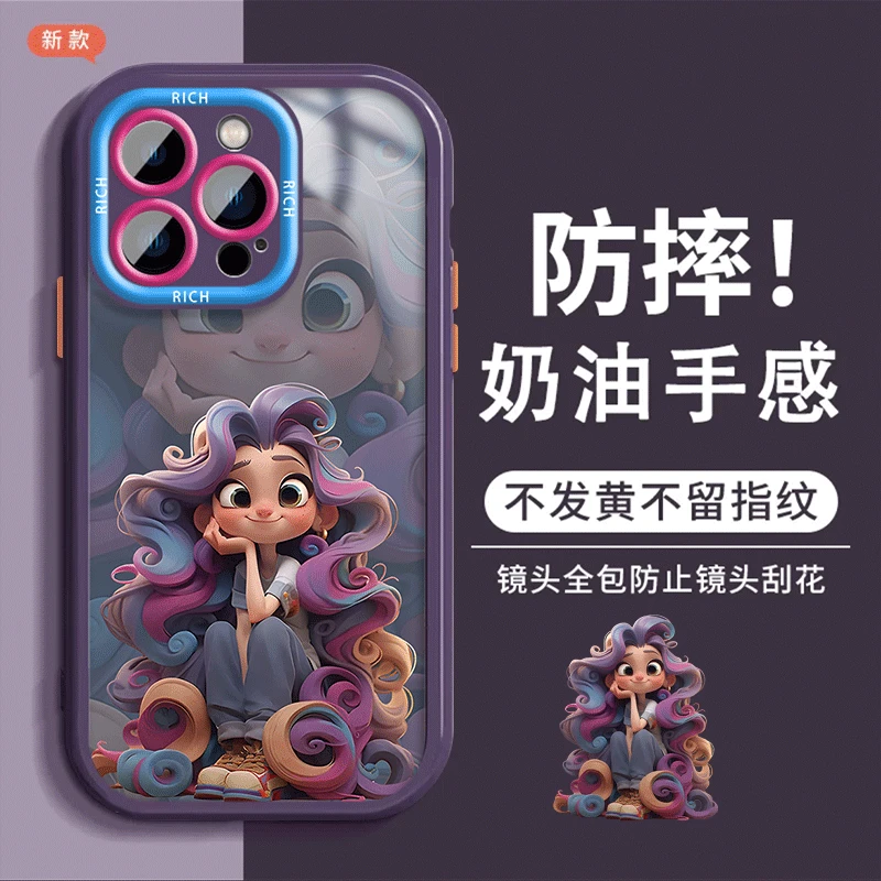 卷发公主奶油壳适用苹果14pro网红iPhone13华为女款镜头全包防摔