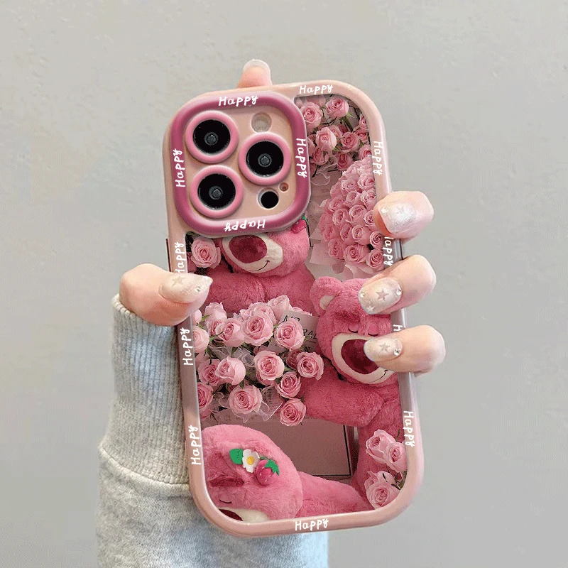 玫瑰草莓熊适用苹果14/13PRO小米华为女11vivo防摔立体oppo奶油壳