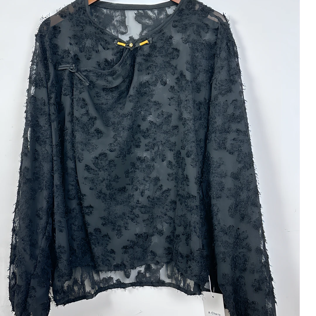 新中式复古斜扣圆领国风植绒大码女新款上衣