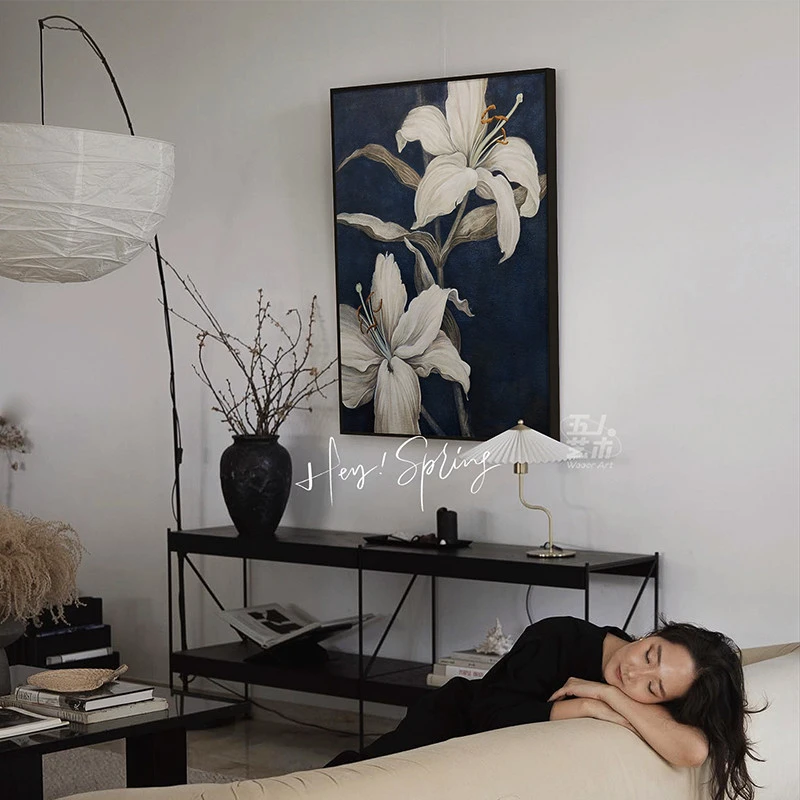 百合黑白轻奢客厅装饰画植物花卉大幅沙发背景墙挂画现代简约大幅