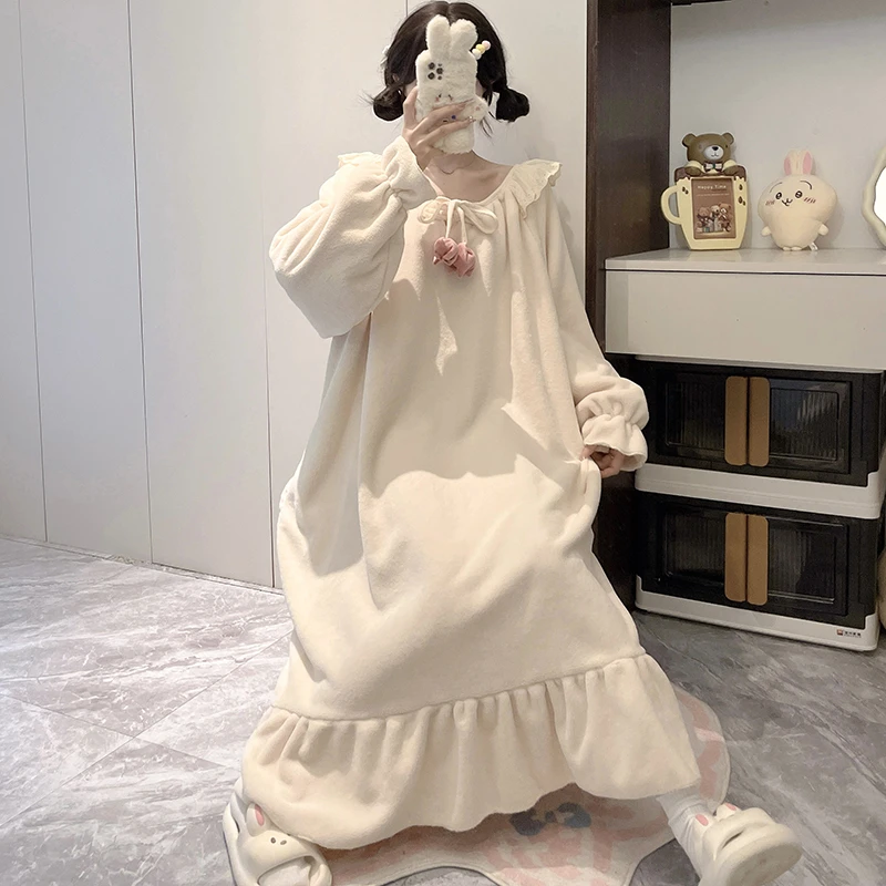 2024新款珊瑚绒睡裙女秋冬季睡衣加厚保暖长款睡袍甜美可爱家居服