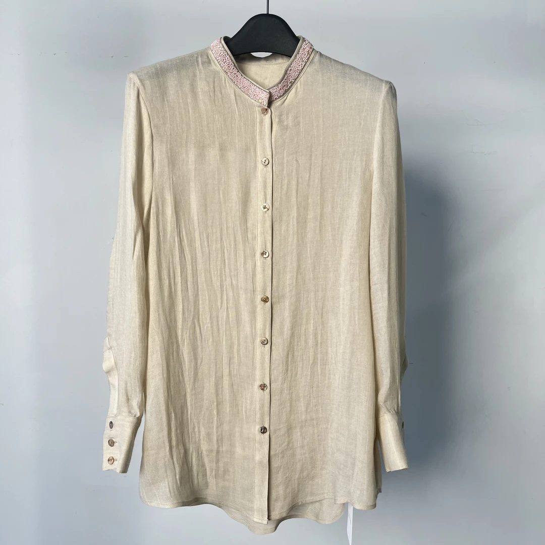 中式改良棉麻串珠领衬衫
