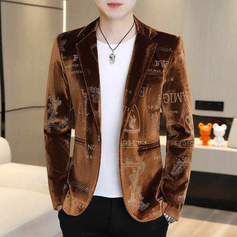 现货欧版精细工艺高端轻奢西服男士2025秋季高品质金丝绒西装外套