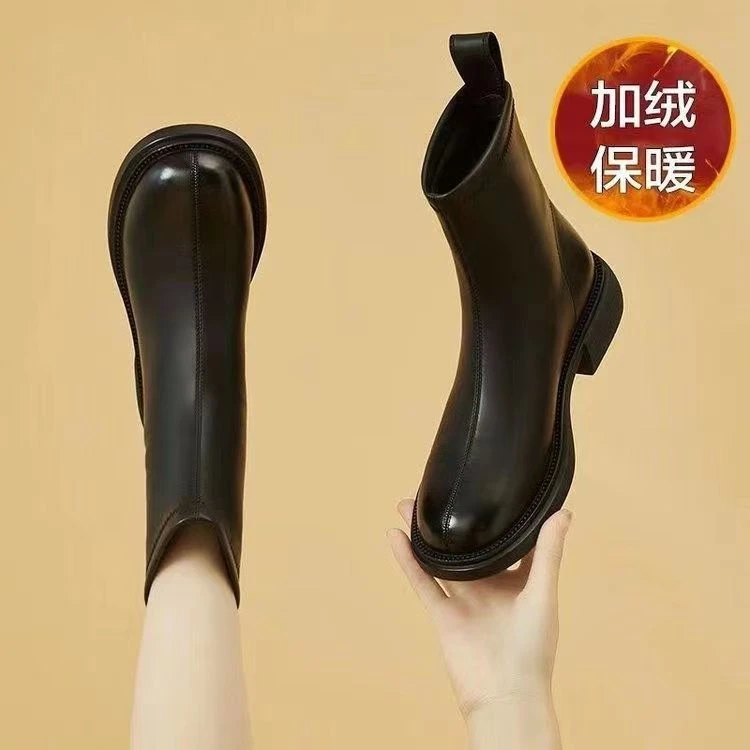 加绒短靴女2023秋冬新款女靴子韩版后拉链单靴子棉靴皮靴马丁靴女