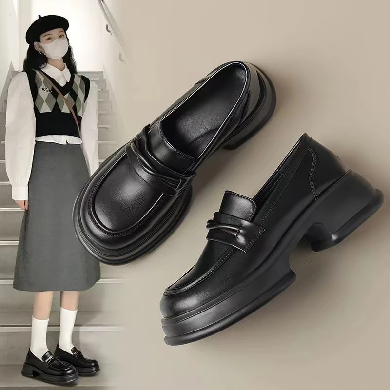 英伦风黑色小皮鞋2024新款春豆豆鞋女单鞋百搭小个子厚底乐福鞋女