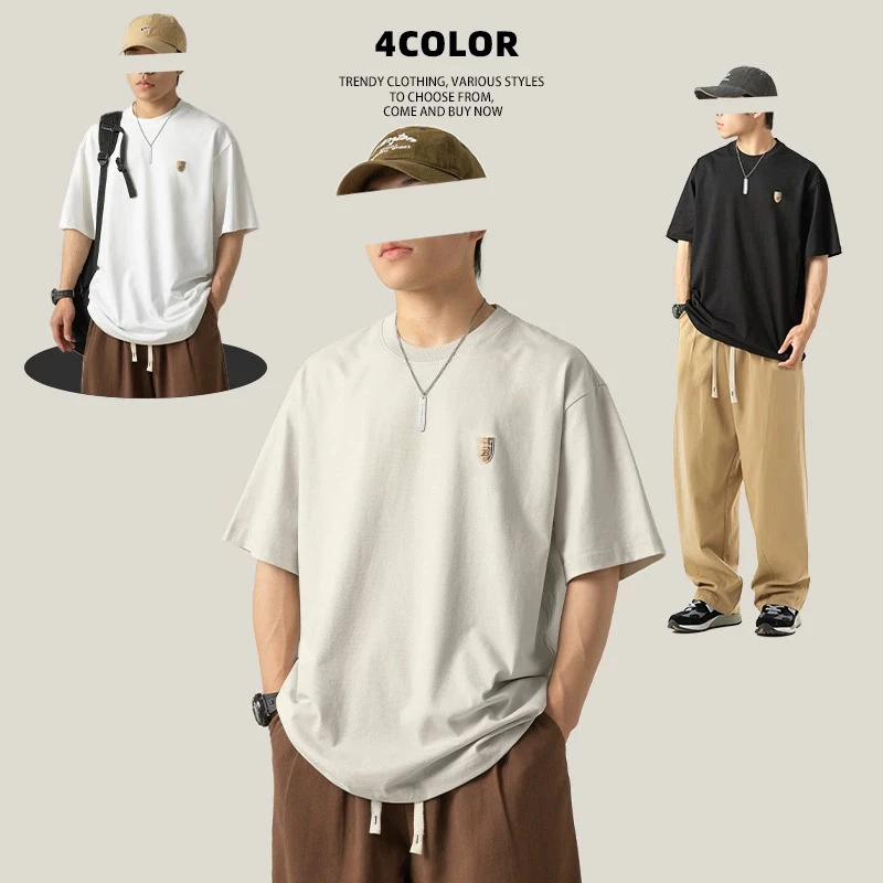 质感短袖 | 纯色盾牌T恤 | 夏季半袖宽松简约圆领复古情侣2024新