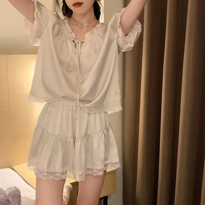 【白月光】纯色夏季新款冰雪丝睡衣女款短裤短袖可外穿家居服套装