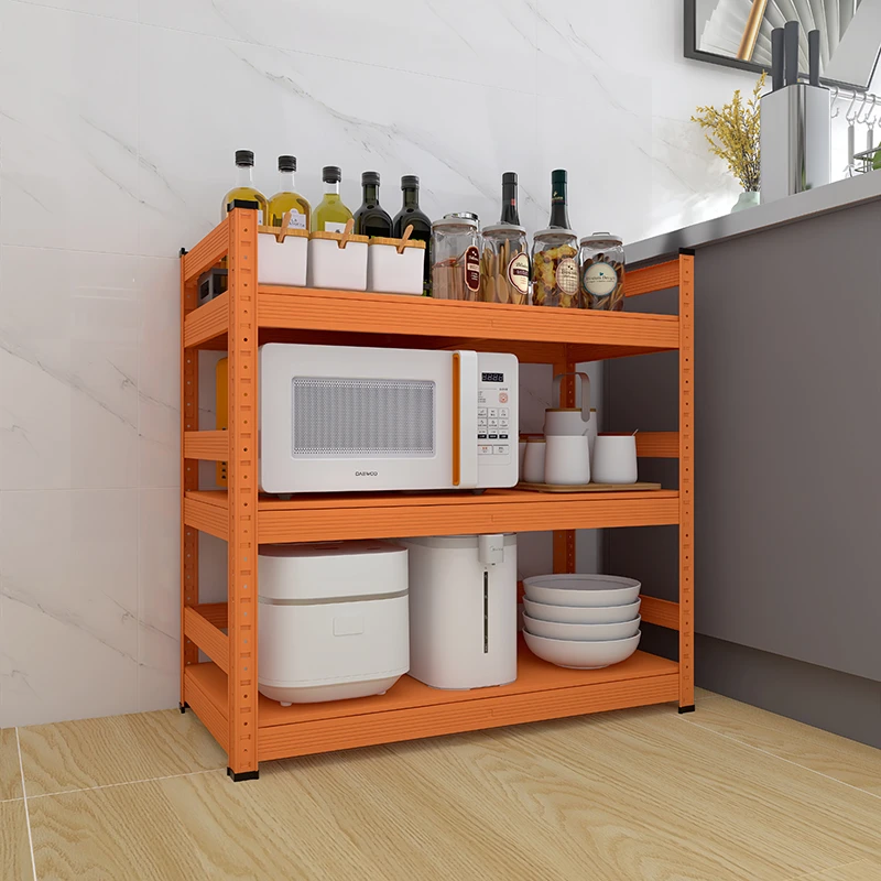 轻奢橙色围栏款厨房置物架落地多层微波炉烤箱收纳放锅架子家用