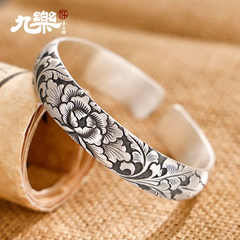 九乐 足银手镯 999复古浮雕富贵牡丹花开口手镯68g实心（H）