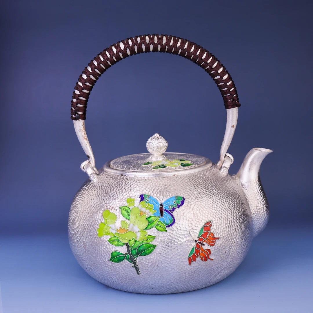 九乐 足银珐琅银制品 锤纹滴彩蝶恋花烧水壶