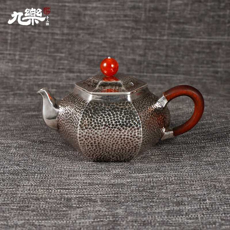九乐 足银银制品 六方锤纹泡茶壶131克 足银999