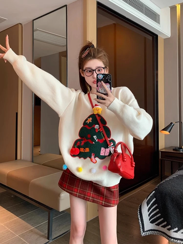 秋季甜美风套装女2025新款圣诞圆领软糯毛衣搭显瘦格纹短裙两件套