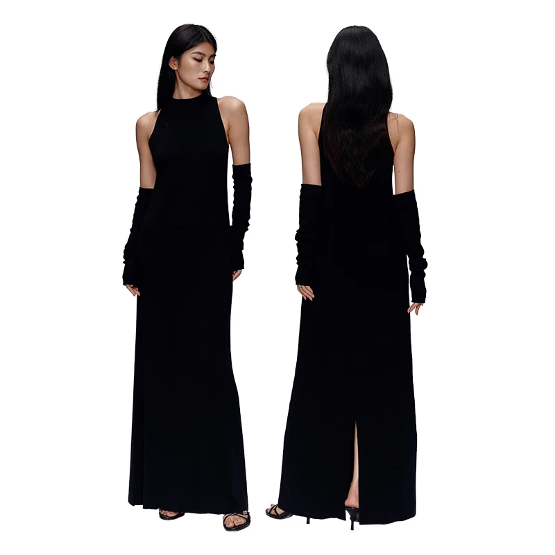 EVOL33ESPK新款挂脖黑色连衣裙法式性感长款后开叉裙子高级设计感