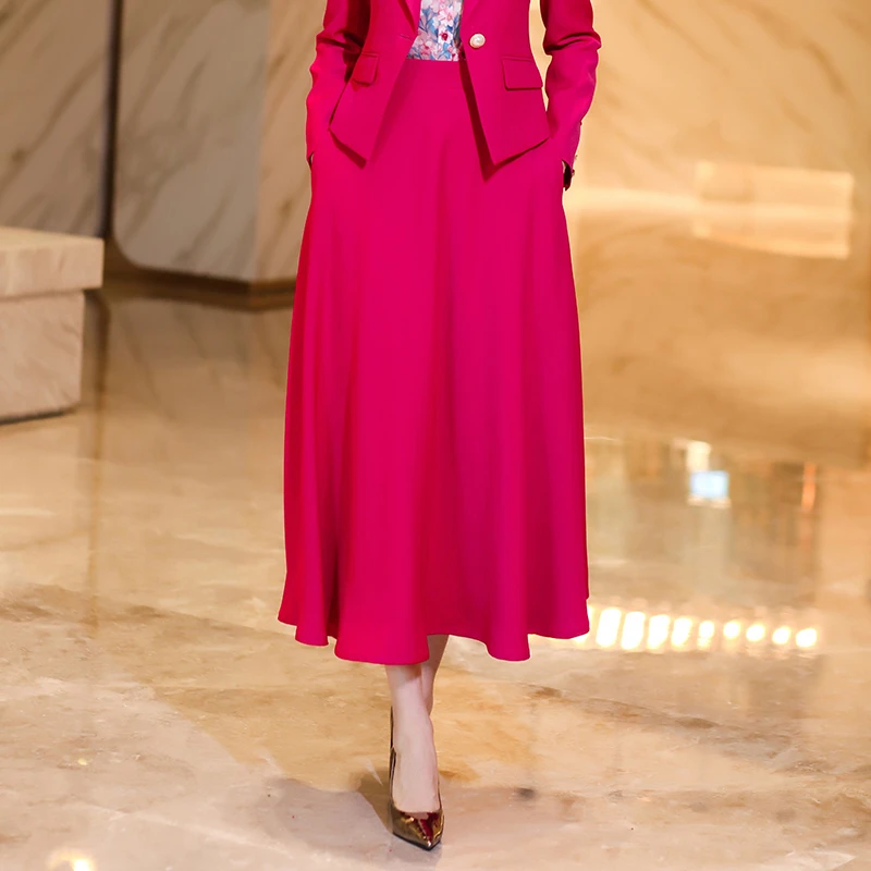 2025秋季新款长裤半身裙轻奢气质高腰红色收腰百搭裙子显瘦半身裙