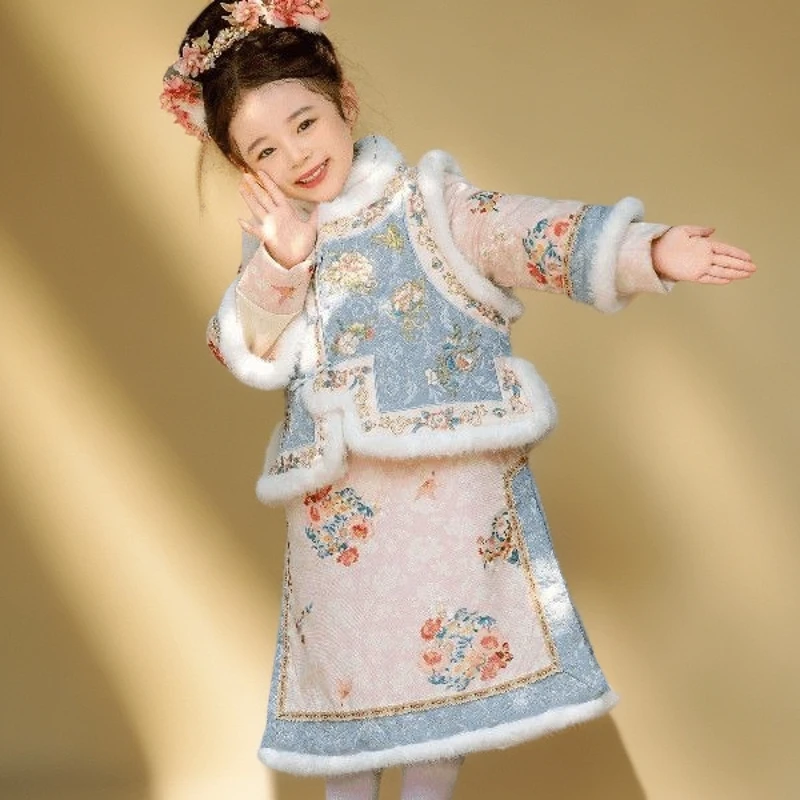 新中式女童汉服加绒格格服宫廷风旗袍唐装冬季秋冬中国风加厚儿童