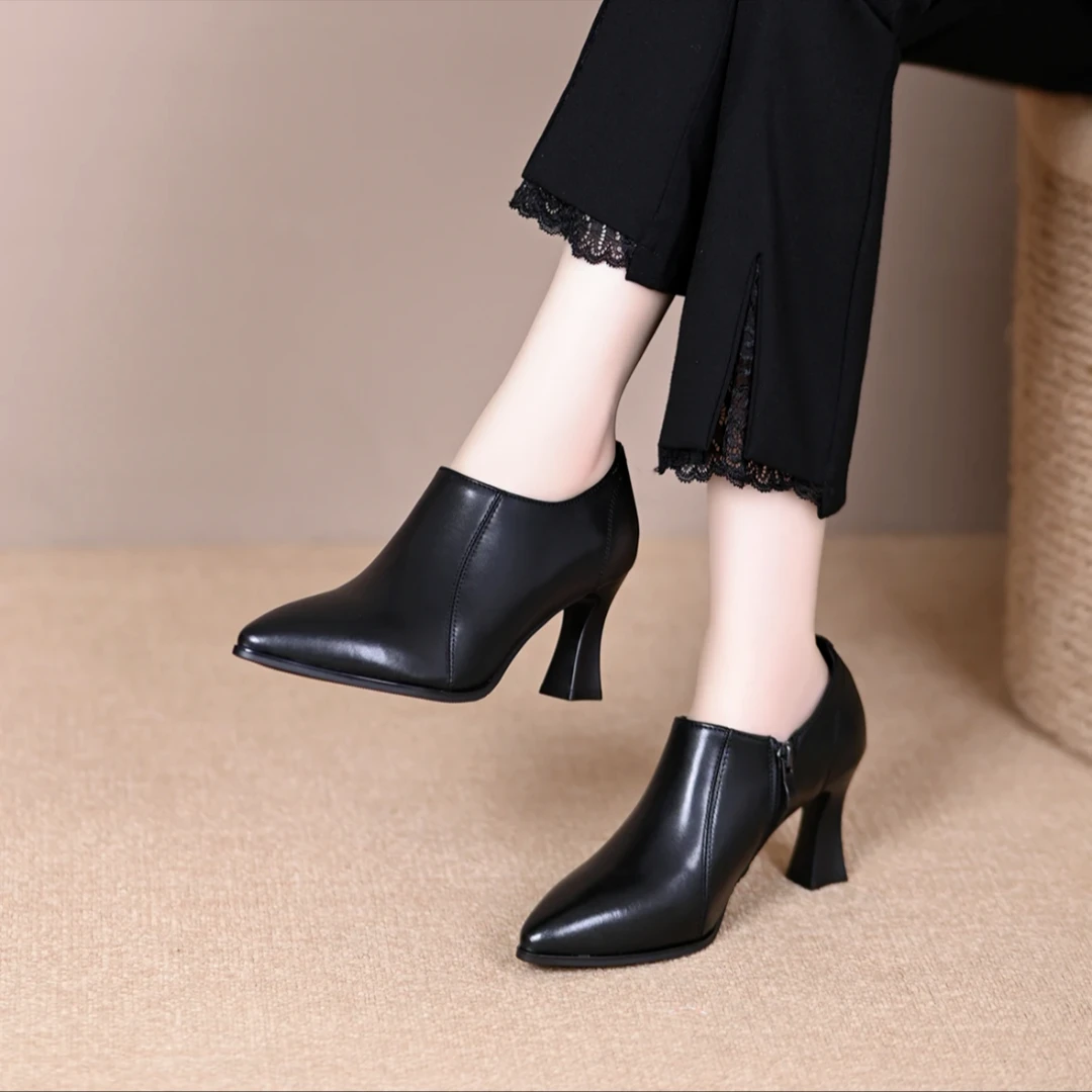 2024秋季新款深口单鞋女粗跟中跟真皮女鞋百搭尖头高跟小皮鞋K13