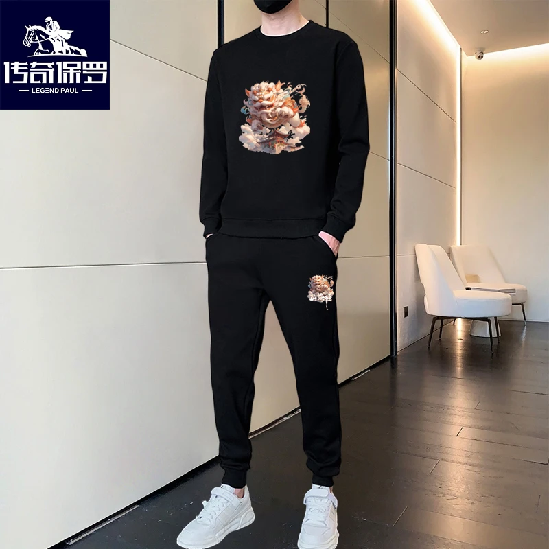 传奇保罗秋冬新款貔貅男士休闲运动套装长袖卫衣卫裤加绒宽松百搭