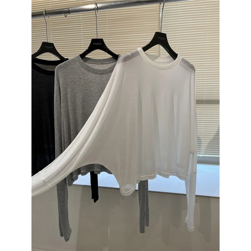 白色防晒罩衫t恤女夏季裸感微透糯软亲肤蝙蝠袖百搭上衣慵懒长袖