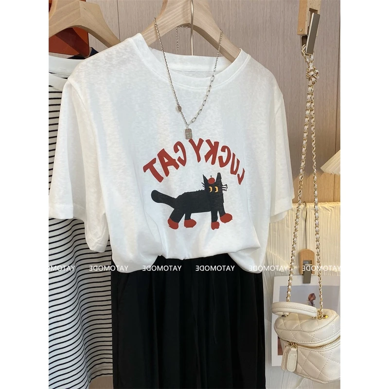 轻薄透气雪花棉t恤女夏宽松短袖正肩圆领卡通猫咪印花上衣体恤衫