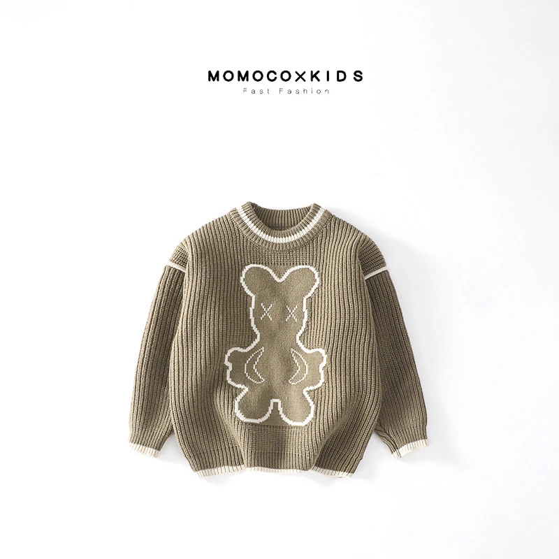 MOMOCO/2023秋冬男童新款洋气圆领套头针织小熊上衣76430230222